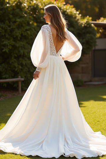 Chiffon A Line V-Neck Court Train Ivory Wedding Dress with Lace